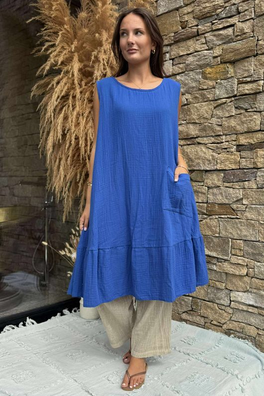 Made in Italy Pia Pillow Cotton Patch Pocket Peplum Dress Mediterranean Blue /58 =
